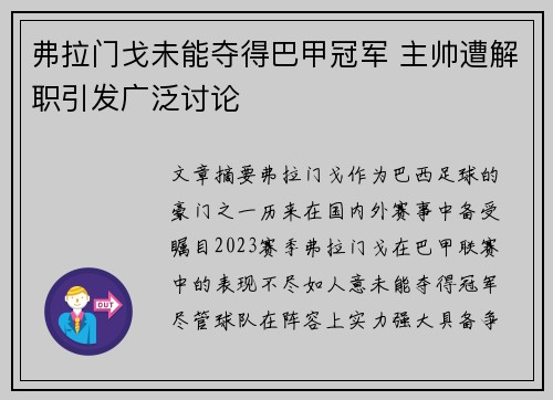 弗拉门戈未能夺得巴甲冠军 主帅遭解职引发广泛讨论 弗拉门戈未能夺得巴甲冠军 主帅遭解职引发广泛讨论